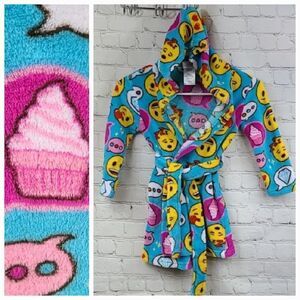 Emoji Plush Furry Fleece Blue Hooded Bathrobe Girls XS 4 Tie Robe Colorful Cute